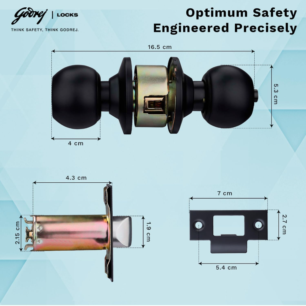 Godrej Cylindrical Lock | With 3keys | Single Panel Door Lock | Suitable for Bedroom Doors & Inter-Connected Doors | Backset 70mm |Door Thickness 32mm to 45mm | Matte Black finish | 5 Years Warranty